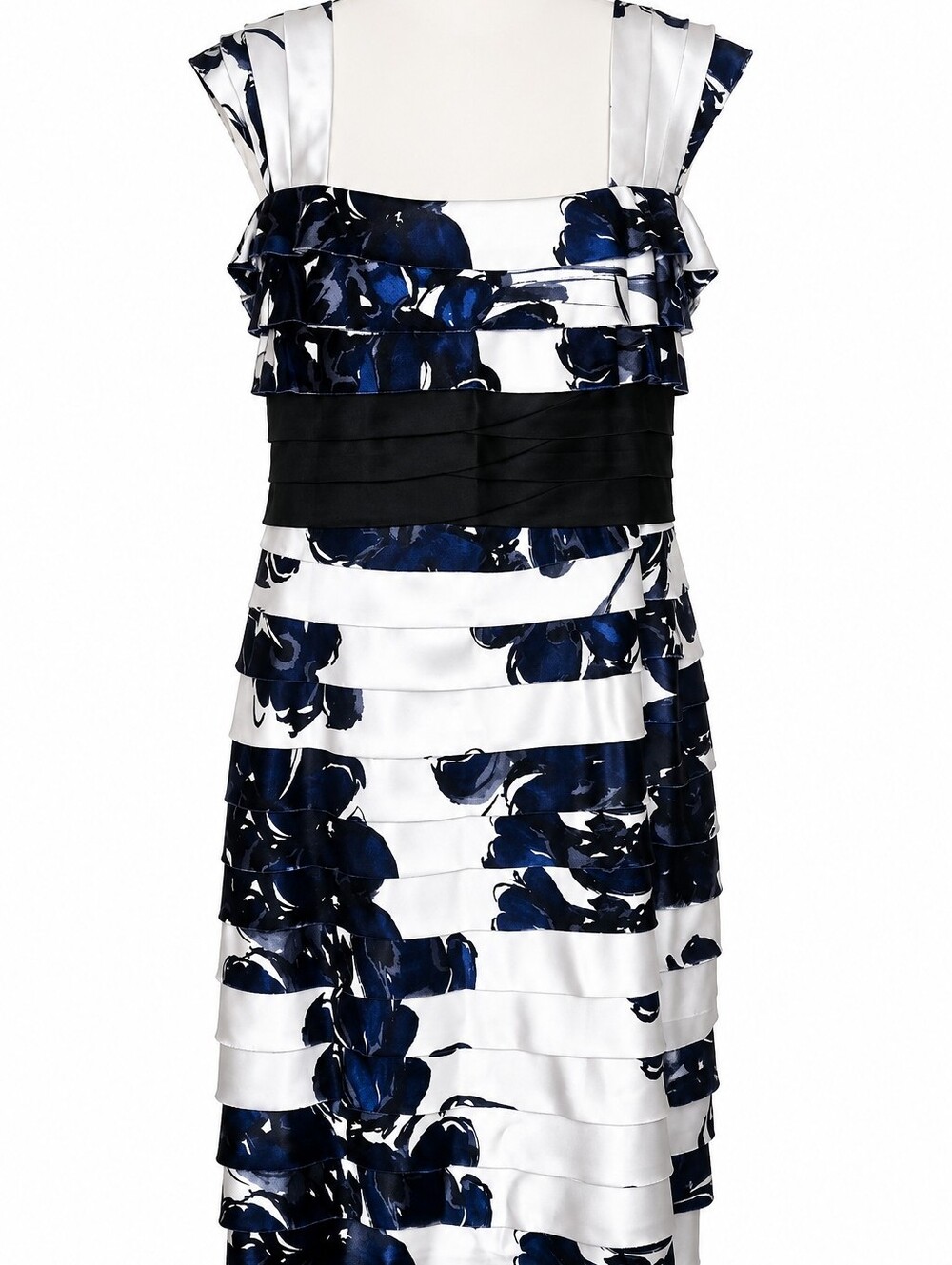 Jones New York Floral Pleated Tiered Dress Size 16 Blue/ White/Black